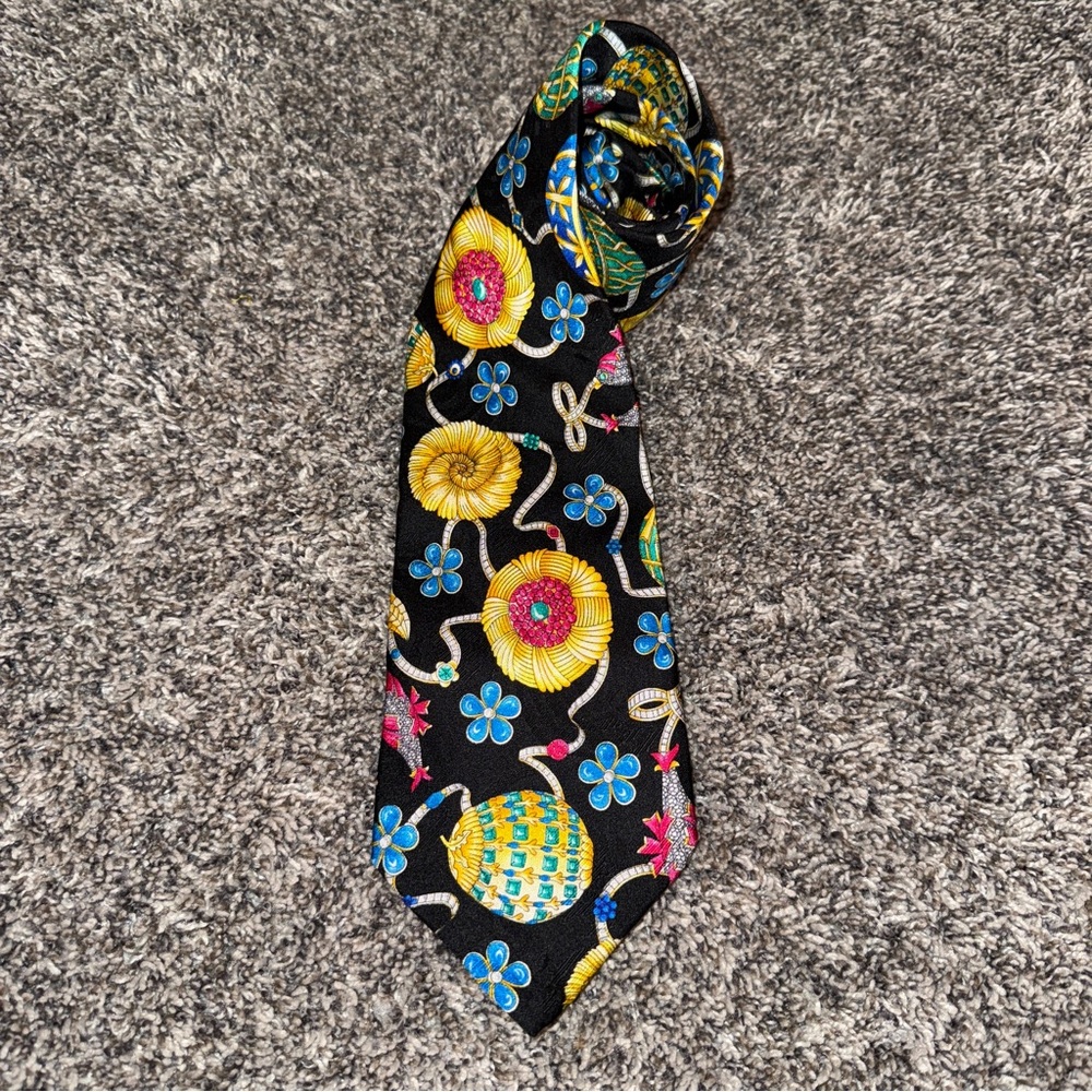 VTG Leonard Paris Men's 100% Silk Black Floral Fabrege Jewel Pendant Tie Necktie